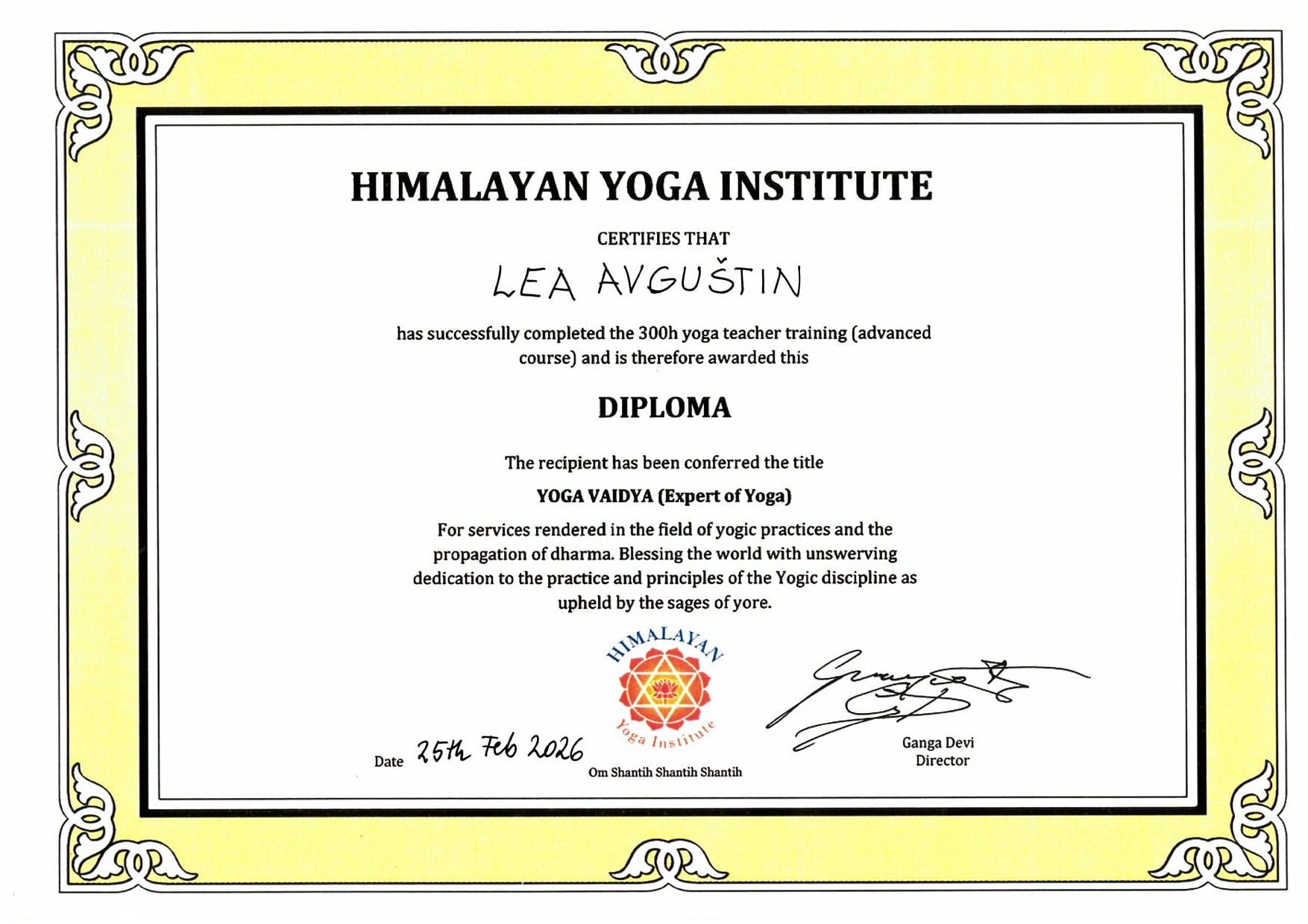 Diploma 300 Wellea joga Lea Avguštin